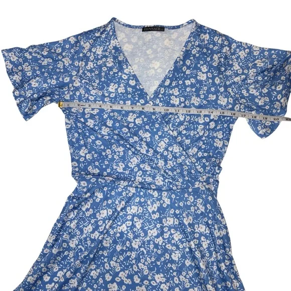 Fensace Blue Floral Sundress Midi V-neck wrap Dress - Picture 8 of 9